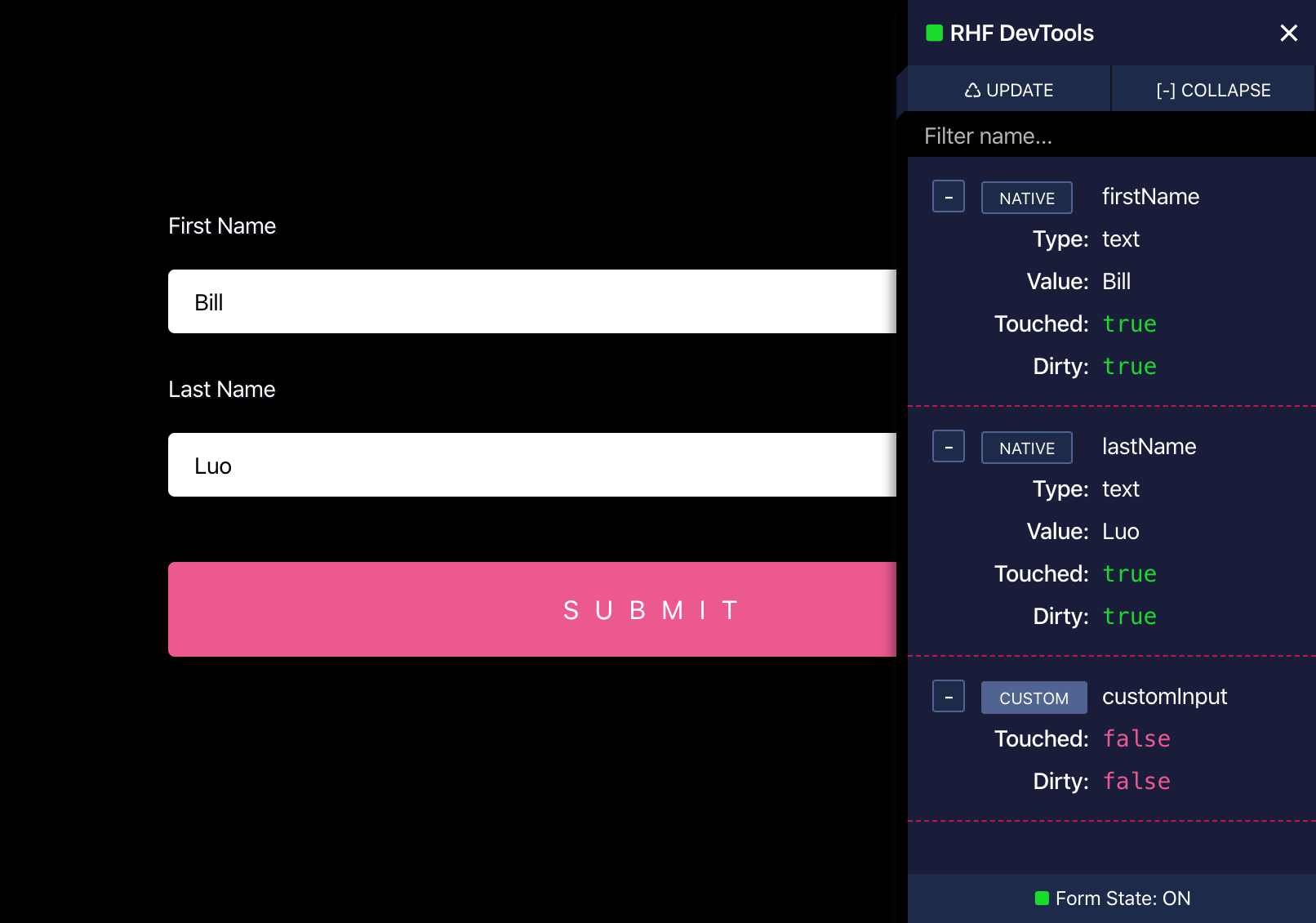 React Hook Form DevTools panel
